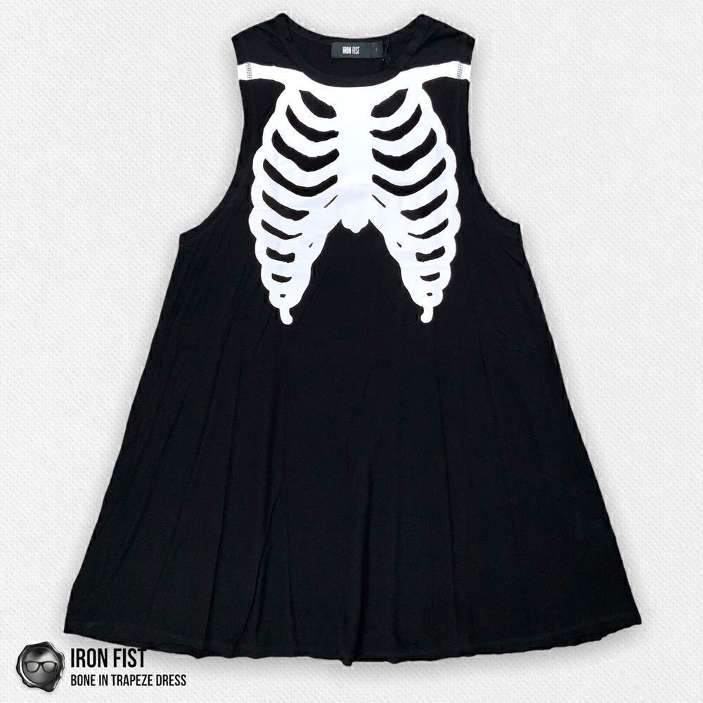 DOLLS KILL /IRON FIST BONE IN TRAPEZE TANK DRESS BLACK WHITE SKELETON BONES NWT